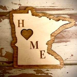 Minnesota HOME 2-layer state outline laser cut wood magnet available unfinished or 11 other finish choices