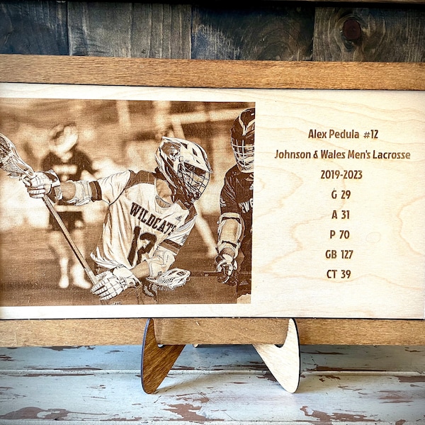 Sports team individual or group photo poster on wood.  Engraved and framed photo with optional easel