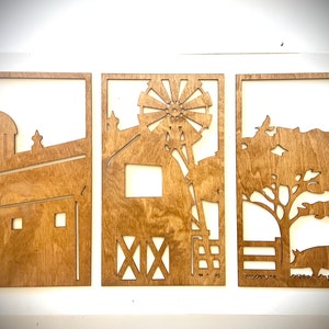 Farm  scene with pig, Barn scene, pig, wood wall art, 3 panel in multiple sizes and finishes, decor wall art original