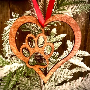 Dog paw heart ornament laser cut wood Christmas ornament, gift tag available unfinished or stained