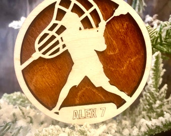 Lacrosse player 2-layer personalized laser cut wood Christmas ornament, gift tag available unfinished or stained (version 6 of 16)