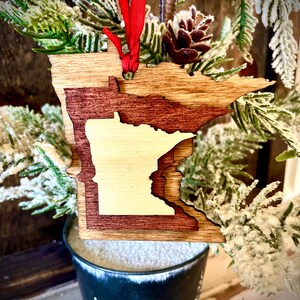 Minnesota 3-layer stacked state ornament laser cut wood ornament, Minnesota gift tag available in brown tones or gray tones.