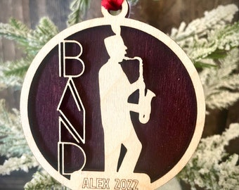 Marching band saxophone player 2-layer personalized laser cut wood Christmas ornament, gift tag available unfinished or stained v 6 of 18