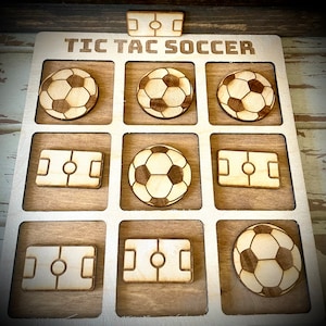 Soccer game - Tic Tac Soccer.  Laser engraved and cut wood soccer game available in 12 finishes.  Great soccer gift, birthday gift