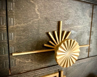 Boho Modern Frank Lloyd Wright-inspired Art Deco wood drawer knob or pull accent available in natural or 14 other finishes.  2 pieces. Set Q