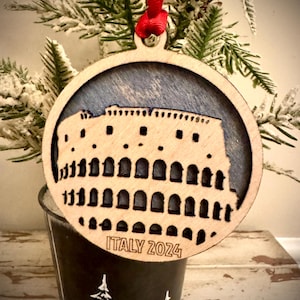 Roman Colosseum 2-layer personalized laser cut wood Christmas ornament, gift tag available in 12 finishes.