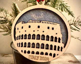 Roman Colosseum 2-layer personalized laser cut wood Christmas ornament, gift tag available in 12 finishes.