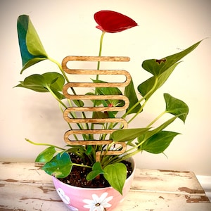 以下が含まれることがあります： ピンクの鉢に白い花が咲いた赤い花と緑の植物が植えられた、波の形をした木製植物支柱。植物支柱は植物を支えるための装飾的な方法です。