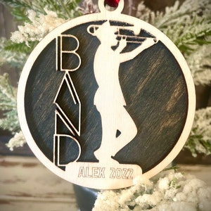 Marching band trombone player 2-layer personalized laser cut wood Christmas ornament, gift tag available unfinished or stained ver. 7 of 18