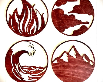 Boho 4 Elements Earth Water Wind Fire wood round wood wall art, 4 panel in multiple sizes and finishes, decor wall art original