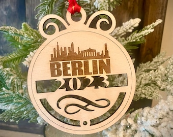 Dated Berlin Skyline cityscape ornament.  Great souvenir or memento from your favorite city