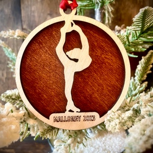 Figure Skating skater 2-layer personalized laser cut wood Christmas ornament, gift tag available unfinished or stained #7 of 10.