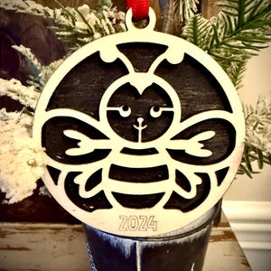Cute honey bee bumble bee 2-layer personalized laser cut wood Christmas ornament, gift tag available unfinished or stained