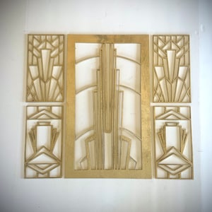 Set di 5 pannelli in legno stile Boho Modern Art Deco, disponibili in diverse dimensioni e finiture.