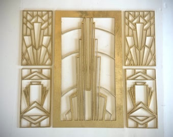 Boho Modern Frank Lloyd Wright-inspired Art Deco wood wall art, 5 panel in bright gold or 12 other finishes, decor wall art original -set V