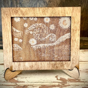 Vincent Van Gogh engraved wood Starry Night mini desktop art with easel