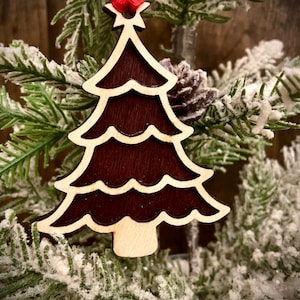 Christmas tree 2 layer laser cut wood Christmas ornament, gift tag available unfinished or stained