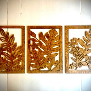 Tropical leaves Monstera Leaf variety wall art, 3 panel set in choice of 12 stains, decor wall art original