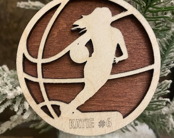 Female Basketball player 2-layer personalized laser cut wood Christmas ornament, gift tag available unfinished or stained version 6