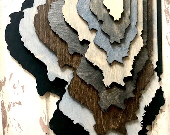 Arte de mesa 3D de madera estatal apilada de Illinois, arte de pared de Illinois, decoración del hogar de Illinois multicolor