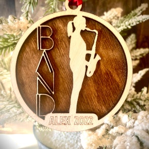 Marching band female saxophone player 2-layer personalized laser cut wood Christmas ornament, gift tag available unfinished or stained v 11
