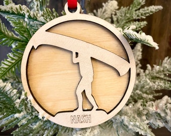 Carrying canoe canoeing 2-layer personalized laser cut wood Christmas ornament, gift tag available unfinished or stained