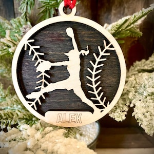 Softball player 2-layer personalized laser cut wood Christmas ornament, gift tag available unfinished or stained (version 2 of 9)