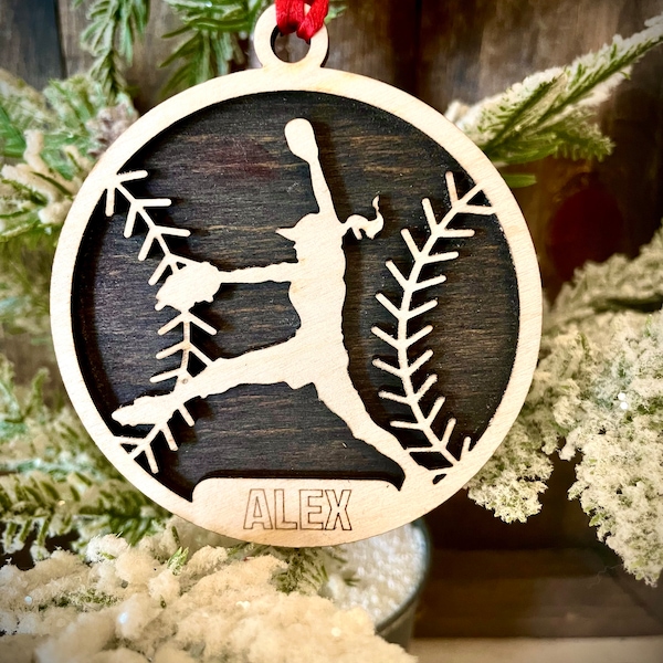 Softball player 2-layer personalized laser cut wood Christmas ornament, gift tag available unfinished or stained (version 2 of 9)