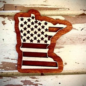 Minnesota US Flag 2-layer state outline wood magnet laser cut available unfinished or 11 other finish choices