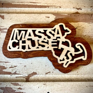 Massachusetts word art 2-layer laser cut wood magnet available unfinished or 11 other finish choices