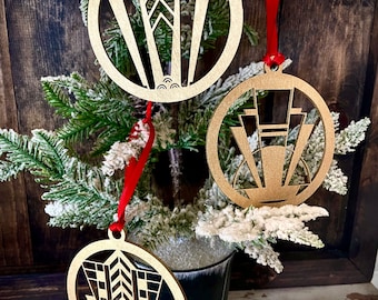 Boho Modern Art Deco marquee wood ornaments in bright gold or 14 other finishes