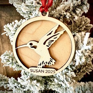 Hummingbird 2 layer personalized laser cut wood Christmas ornament, gift tag available in 12 finishes.
