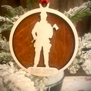 Firefighter Fireman with axe 2-layer personalized laser cut wood Christmas ornament, gift tag available unfinished or stained Version 2 of 2