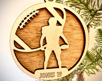 Football player 2-layer personalized laser cut wood Christmas ornament, gift tag available unfinished or stained (version 8 of 16)