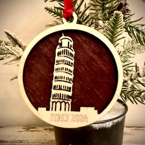 Leaning Tower of Pisa 2-layer personalized laser cut wood Christmas ornament, gift tag available in 12 finishes.