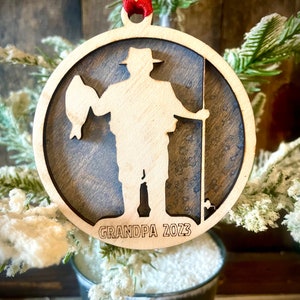 Fishing Fisherman 2-layer personalized laser cut wood Christmas ornament, gift tag available unfinished or stained #2 of 4