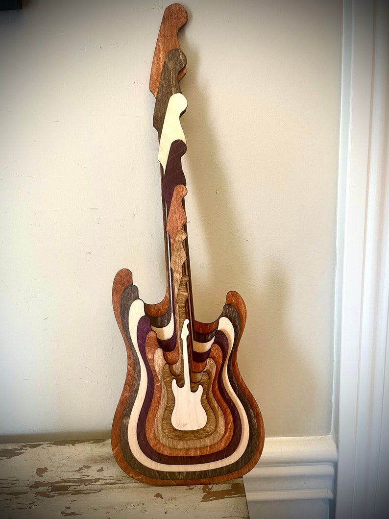 Stacked Electric Guitar 3D table art, Full Body, neck, & headstock wall art, multi-color. Great for rock music fans. Brown Tones