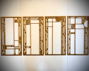 Boho Modern Frank Lloyd Wright-inspired Art Deco Stained Glass wood wall art, 4 panel in multiple sizes and finishes-J