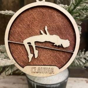 Female track and field high jump 2-layer personalized laser cut wood Christmas ornament gift tag available unfinished or stained