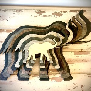 Stacked elephant wood 3D table art, elephant wall art, elephant home decor, multi-color