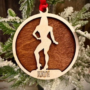 Female bodybuilder bodybuilding 2-layer personalized laser cut wood Christmas ornament, gift tag available unfinished or stained