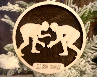 Wrestling / Wrestler 2-layer personalized laser cut wood Christmas ornament, gift tag available unfinished or stained (version 6 of 6)