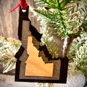 Idaho 3-layer stacked state ornament laser cut wood ornament, Idaho gift tag available in brown tones or gray tones