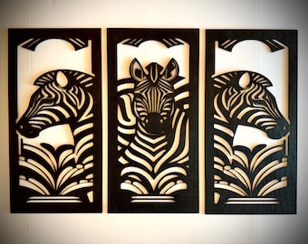 Zebra Art Deco Style wood wall art, 3 panel set in multiple sizes and finishes