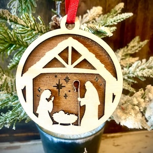Nativity Baby Jesus, Mary, & Joseph in stable 2-layer laser cut wood Christmas ornament, gift tag available unfinished or stained
