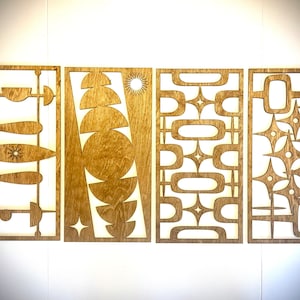 Moderne houten muurkunst uit het midden van de eeuw, 4 panelen in meerdere maten en afwerkingen, decor kunst aan de muur origineel Boho Modern - SET A