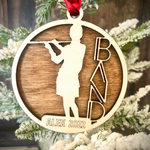 Marching band female flute player 2-layer personalized laser cut wood Christmas ornament, gift tag available unfinished or stained v 17