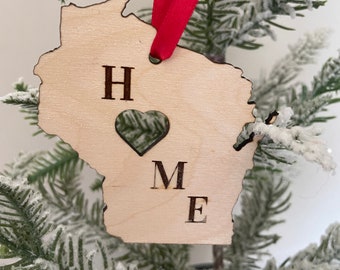 Wisconsin HOME ornament laser cut wood ornament, Wisconsin gift tag available unfinished or 11 other finish choices