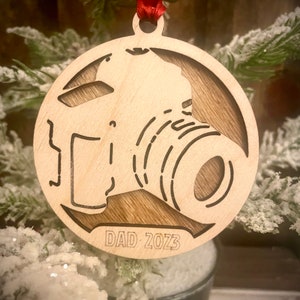 Photographer camera 2-layer personalized laser cut wood Christmas ornament, gift tag available unfinished or stained