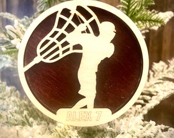Lacrosse player 2-layer personalized laser cut wood Christmas ornament, gift tag available unfinished or stained (version 8 of 16)